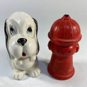 Vintage Trimont Puppy Dog Fire Hydrant Salt Pepper Shaker Set Japan White Red